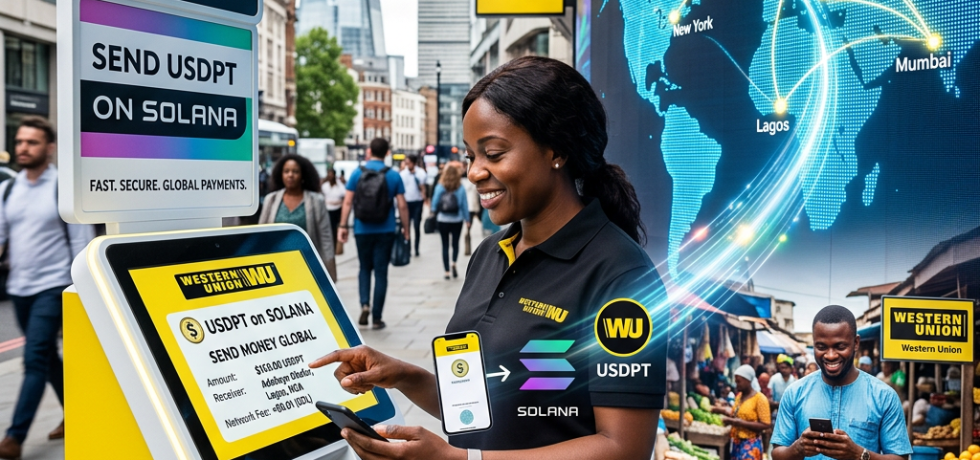 Woman sending USDP cryptocurrency at Western Union kiosk using Solana blockchain