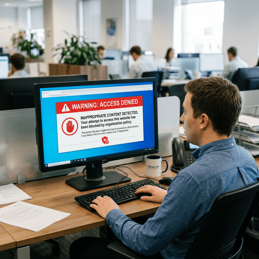 Computer screen displaying warning message access denied for inappropriate content
