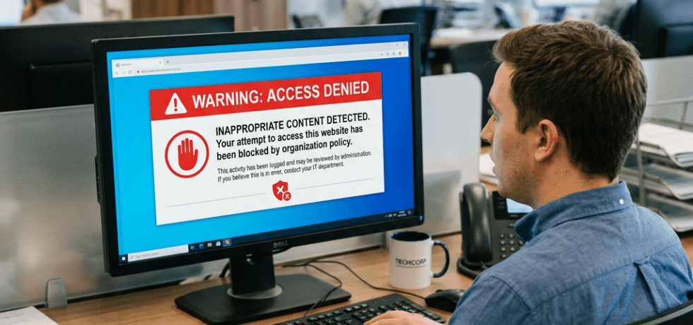 Computer screen displaying warning message access denied for inappropriate content