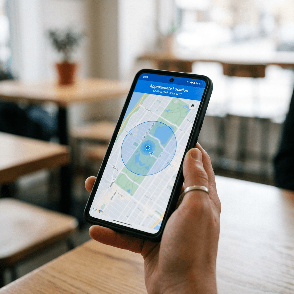 Smartphone screen displaying approximate location map centered on Central Park area in NYC