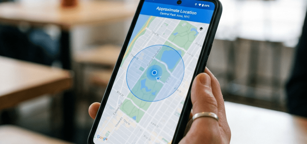 Smartphone screen displaying approximate location map centered on Central Park area in NYC