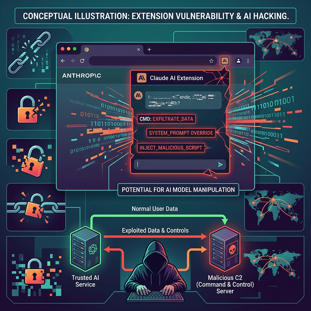 Diagram illustrating AI extension vulnerability with hacker intercepting data between trusted AI service and malicious command server.