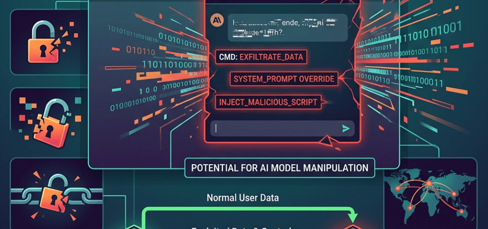 Diagram illustrating AI extension vulnerability with hacker intercepting data between trusted AI service and malicious command server.
