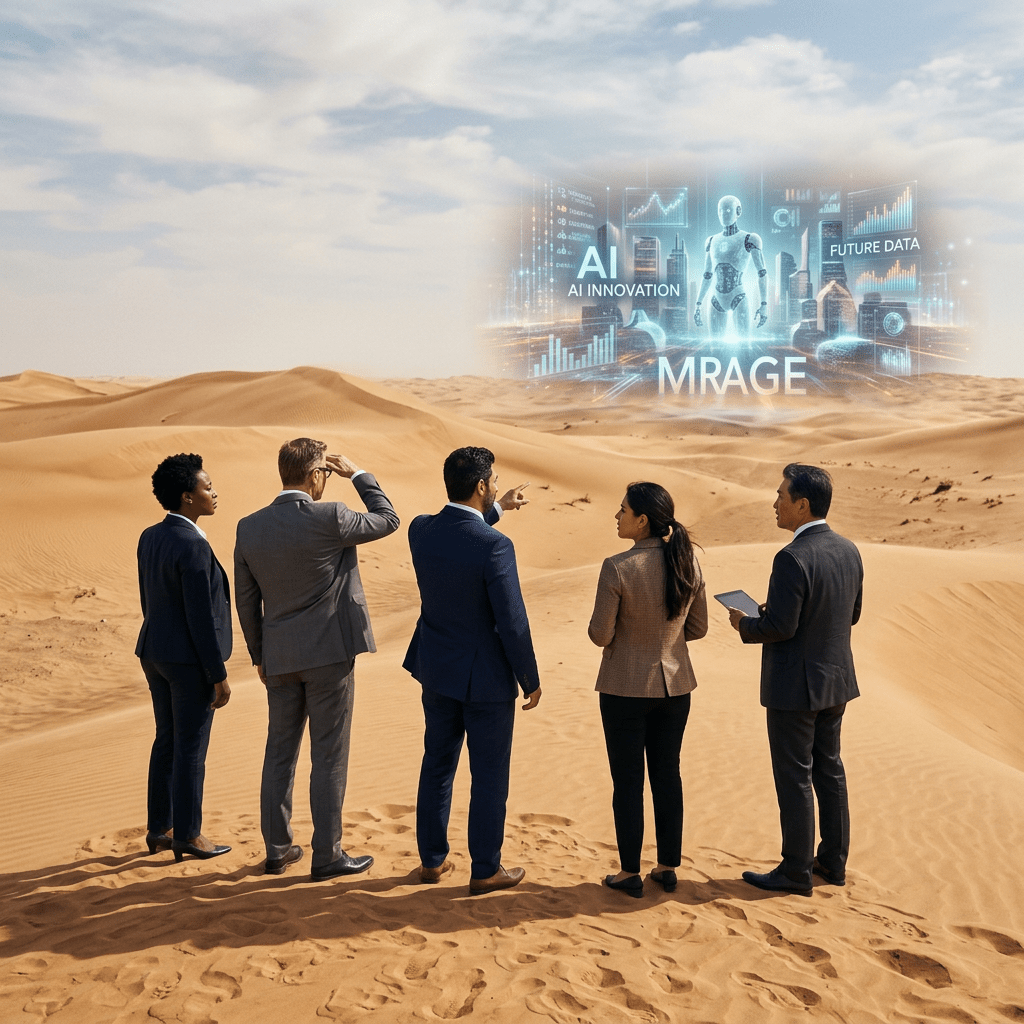 A diverse group of businesspeople standing in a desert looking at a holographic AI innovation display with charts and a robot figure