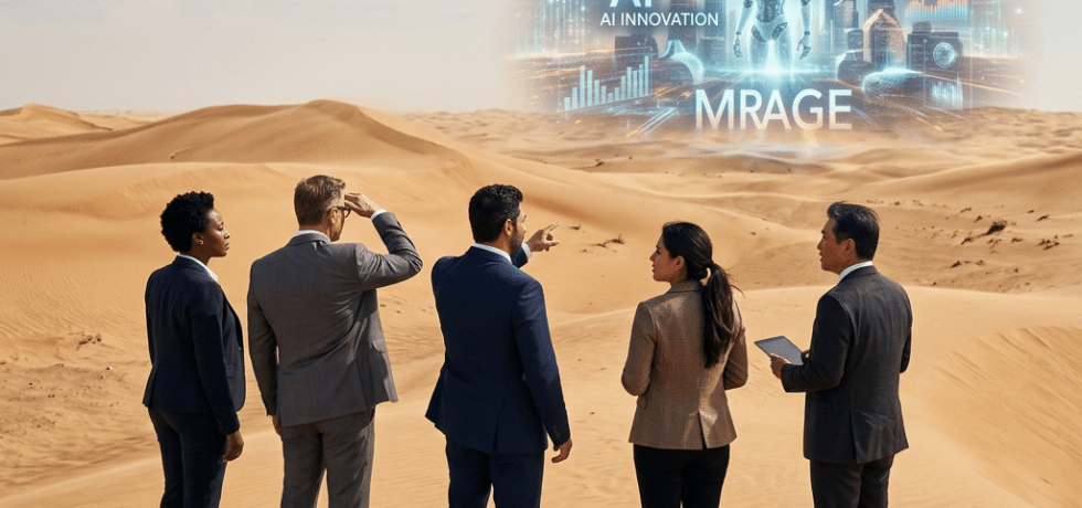 A diverse group of businesspeople standing in a desert looking at a holographic AI innovation display with charts and a robot figure