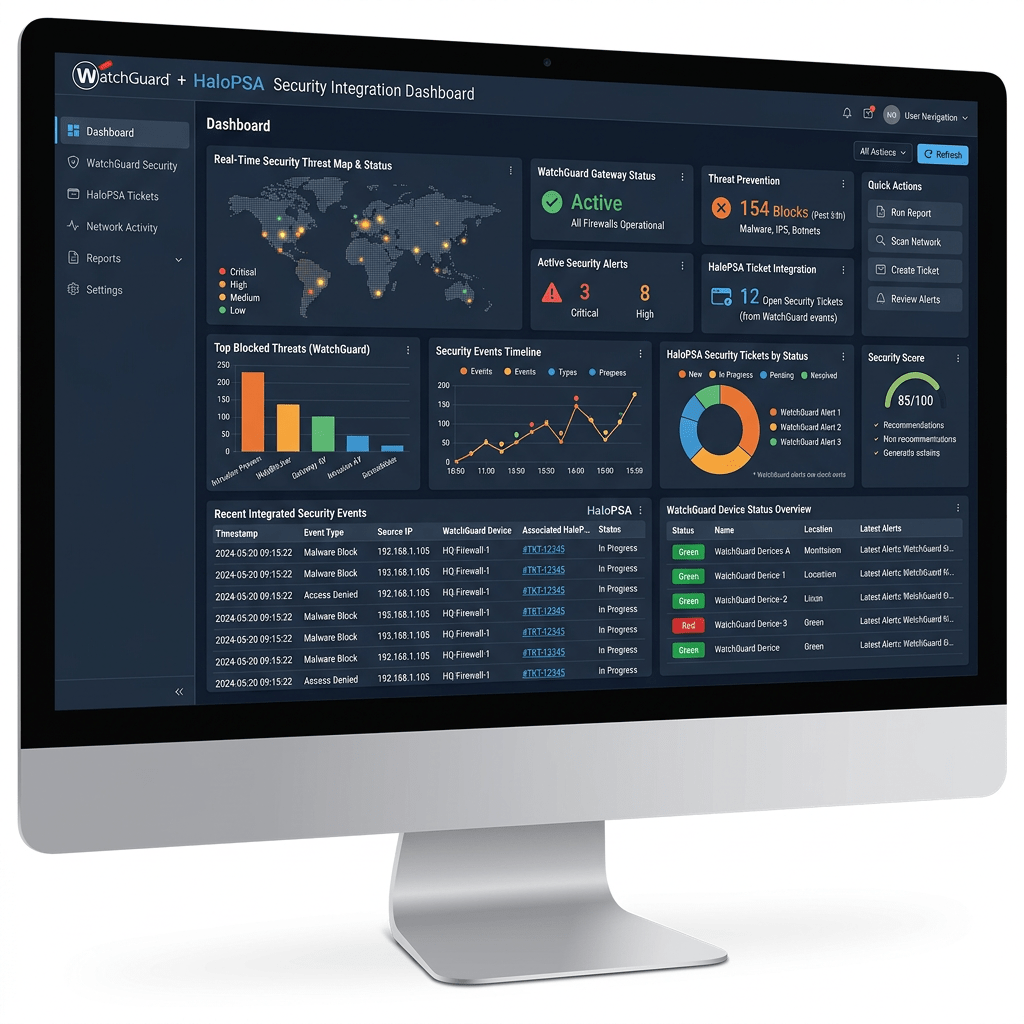 Security integration dashboard showing threat map, blocked threats chart, security alerts, and device status