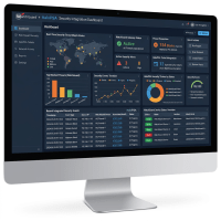 Security integration dashboard showing threat map, blocked threats chart, security alerts, and device status