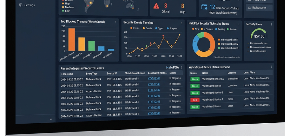 Security integration dashboard showing threat map, blocked threats chart, security alerts, and device status