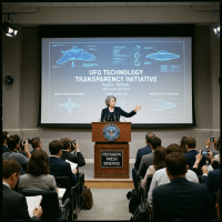 Pentagon official speaking at press briefing with UFO technology diagrams shown
