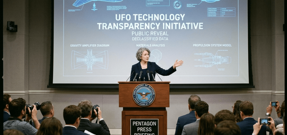 Pentagon official speaking at press briefing with UFO technology diagrams shown