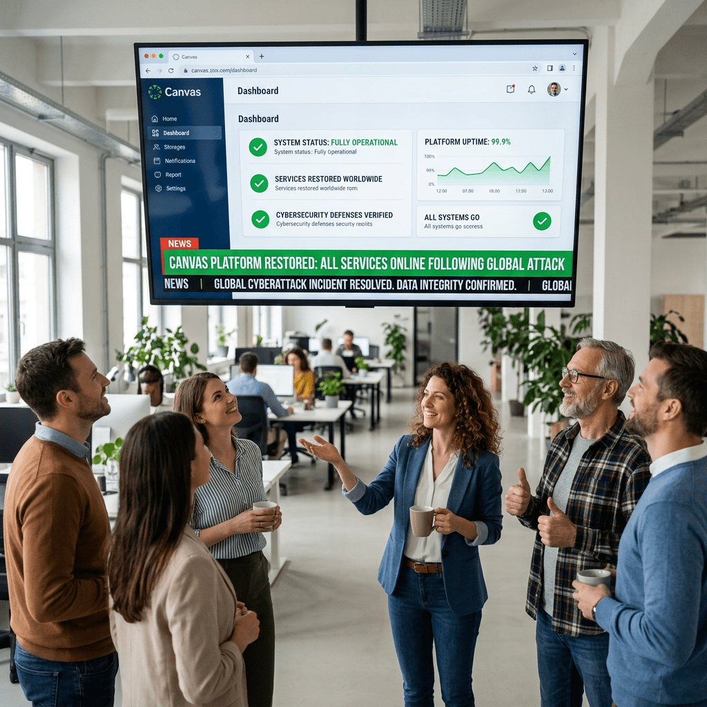 Team of coworkers looking at a screen displaying system status and cyberattack recovery news
