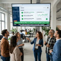 Team of coworkers looking at a screen displaying system status and cyberattack recovery news