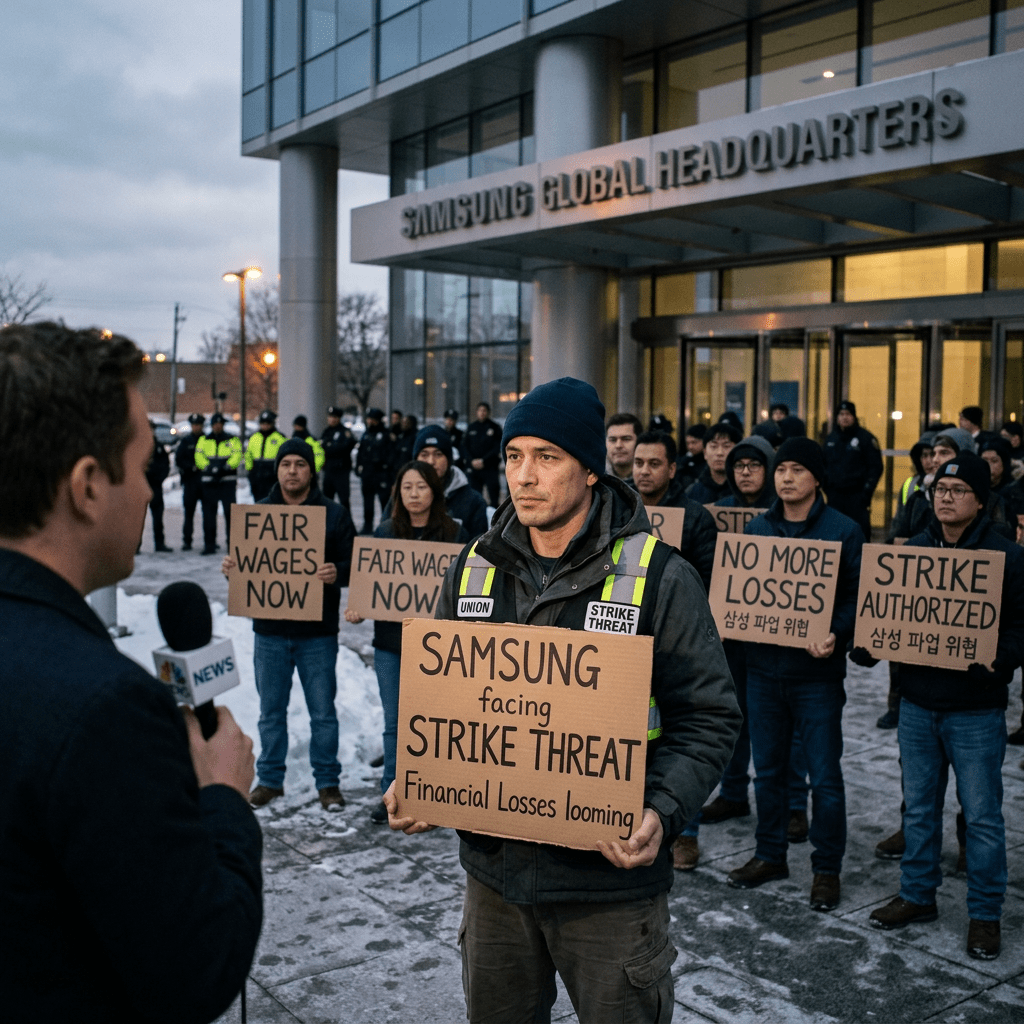 Group of Samsung workers holding protest signs outside Samsung Global Headquarters