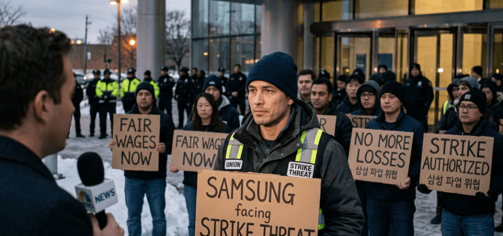 Group of Samsung workers holding protest signs outside Samsung Global Headquarters