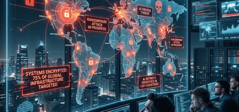 Cybersecurity experts analyzing global ransomware attack on multiple computer screens
