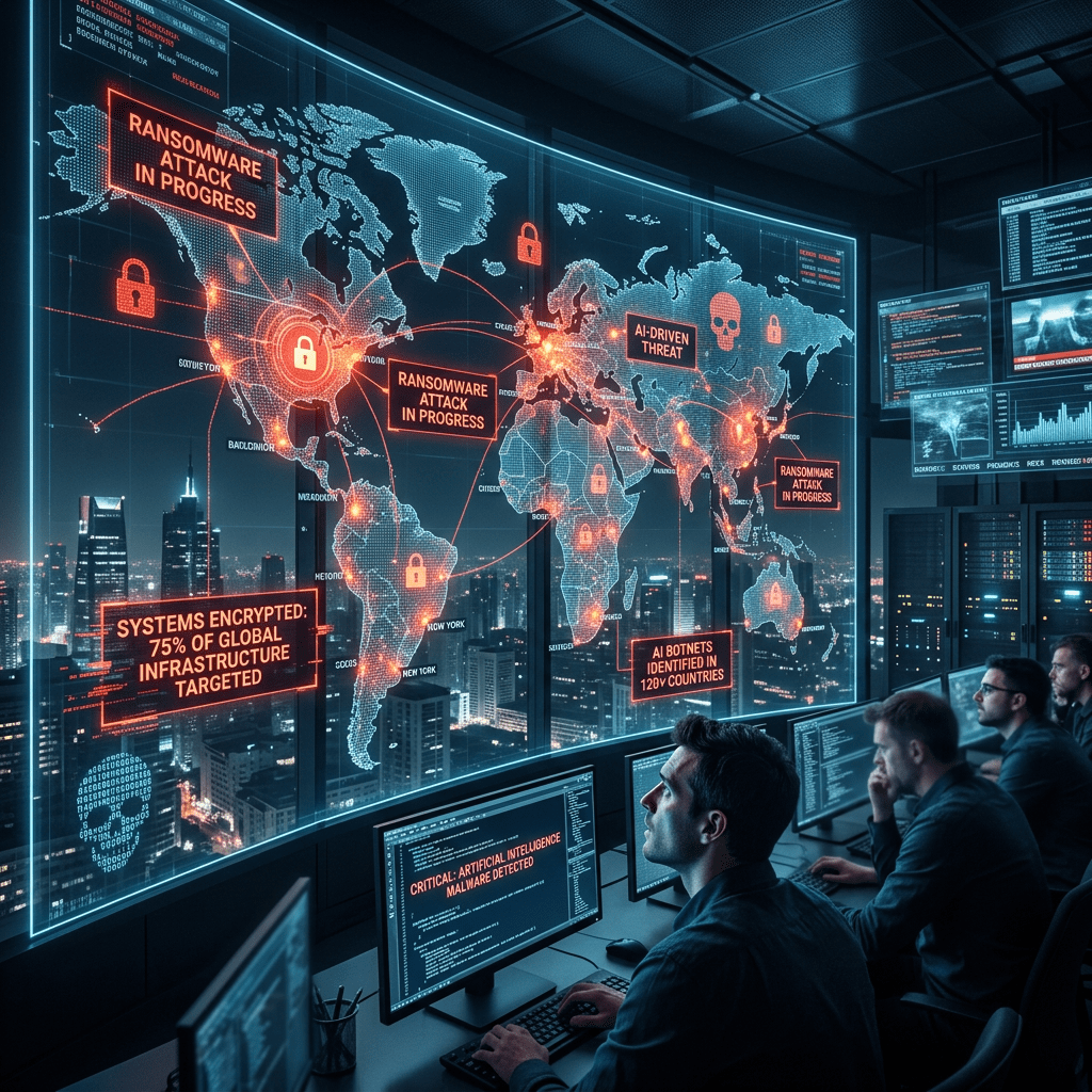 Cybersecurity experts analyzing global ransomware attack on multiple computer screens
