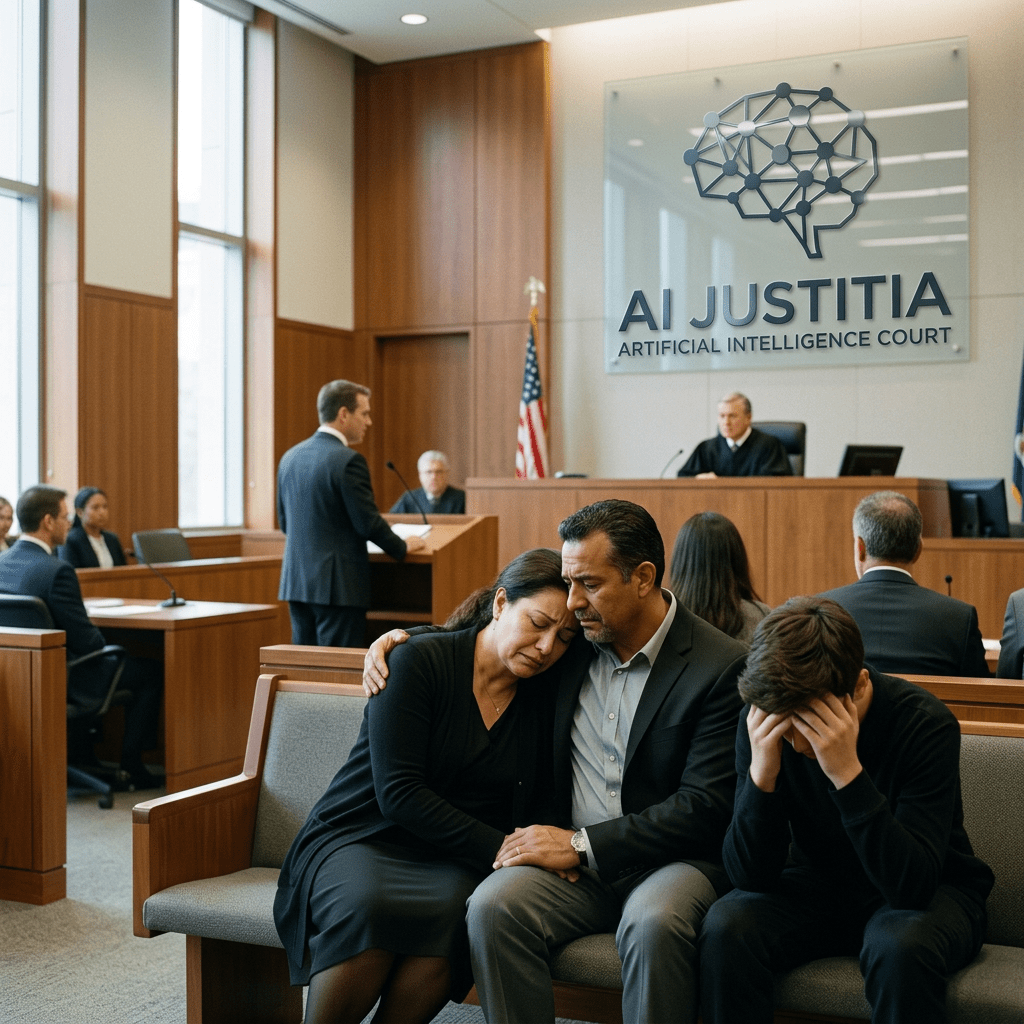 Family sitting emotionally in a courtroom with judge and lawyer present