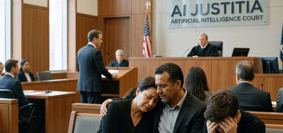 Family sitting emotionally in a courtroom with judge and lawyer present