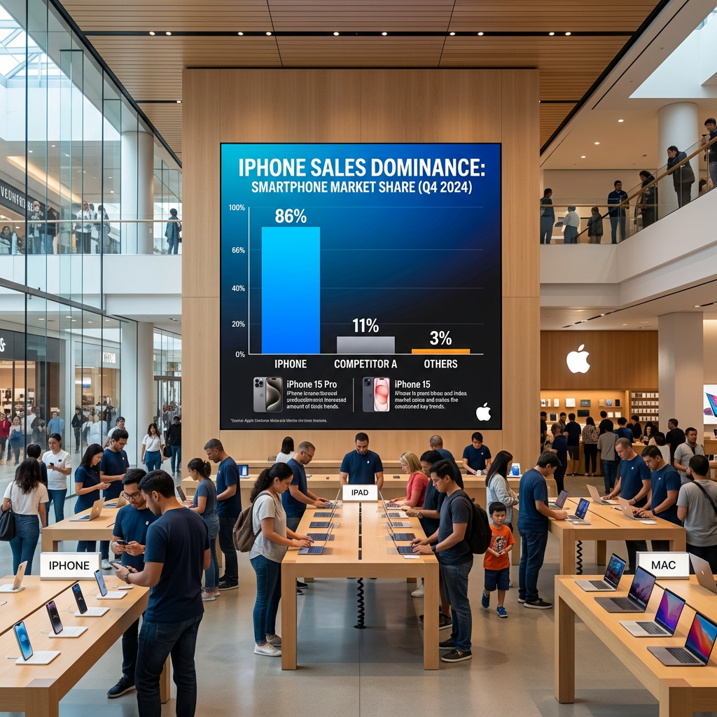 Apple Store interior with customers using iPhones, iPads, and Macs, and a market share chart showing iPhone 86%, Competitor A 11%, Others 3%.