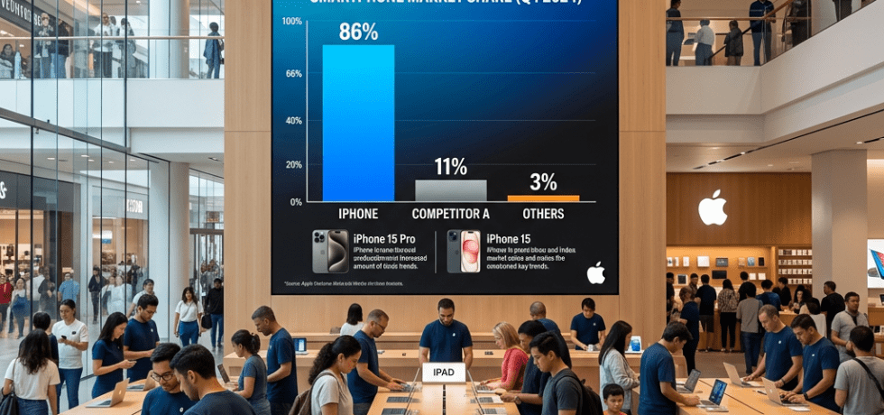 Apple Store interior with customers using iPhones, iPads, and Macs, and a market share chart showing iPhone 86%, Competitor A 11%, Others 3%.
