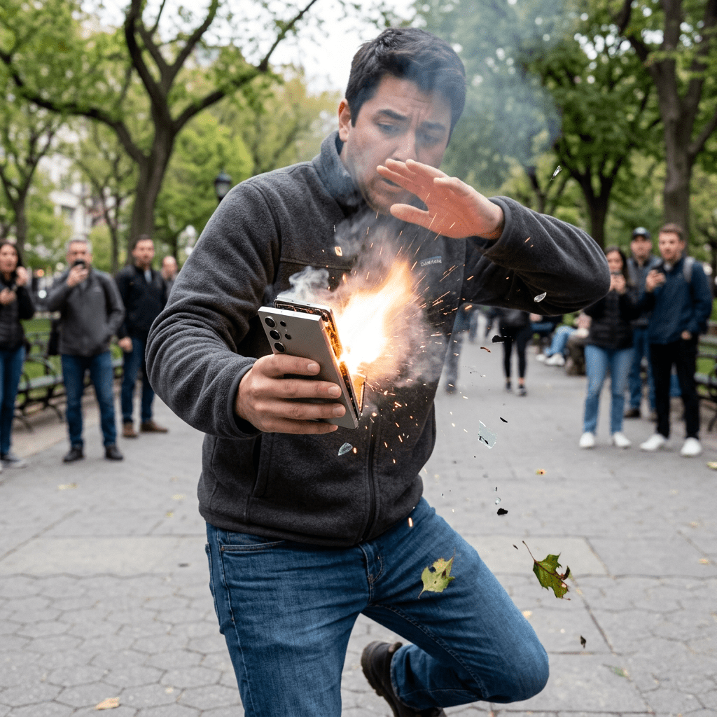Man shielding face as smartphone explodes with sparks and smoke in park