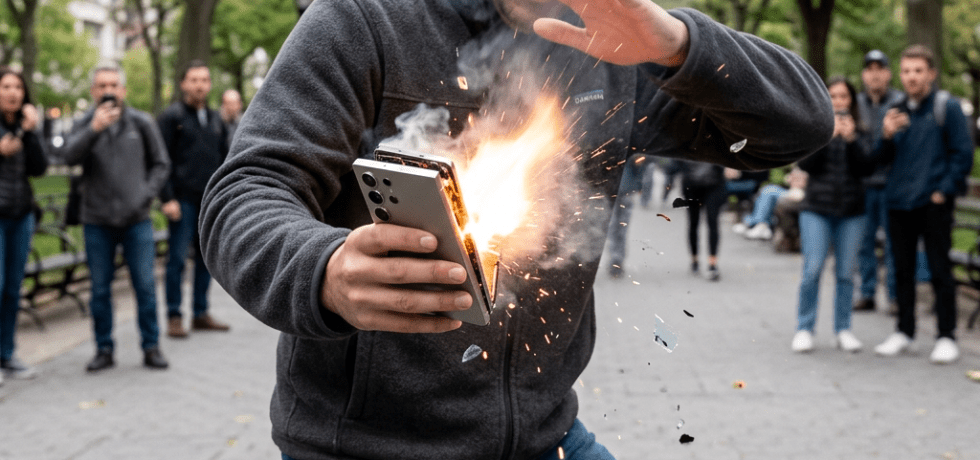 Man shielding face as smartphone explodes with sparks and smoke in park
