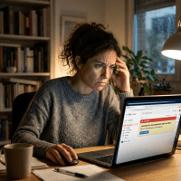 Woman worried about almost full email storage notification on laptop