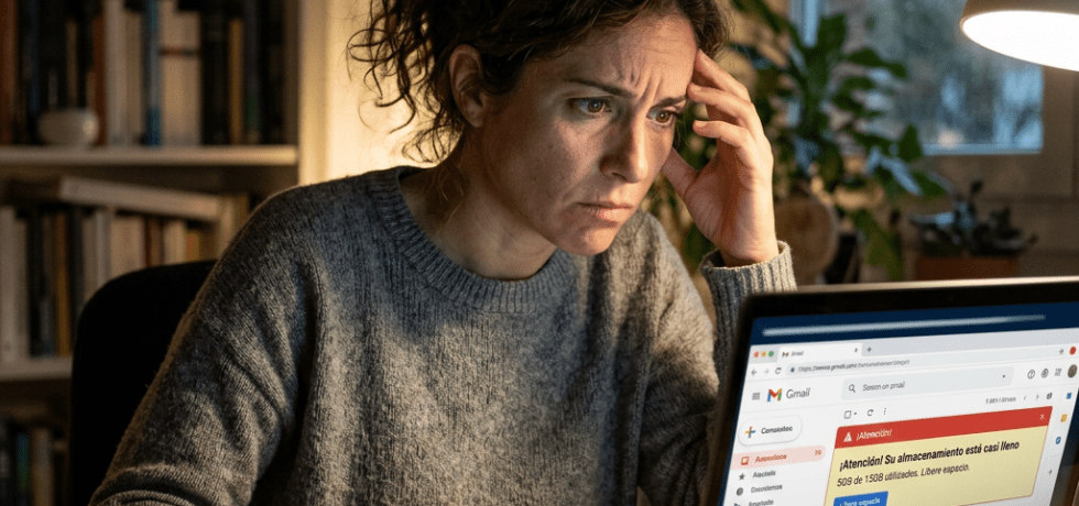 Woman worried about almost full email storage notification on laptop