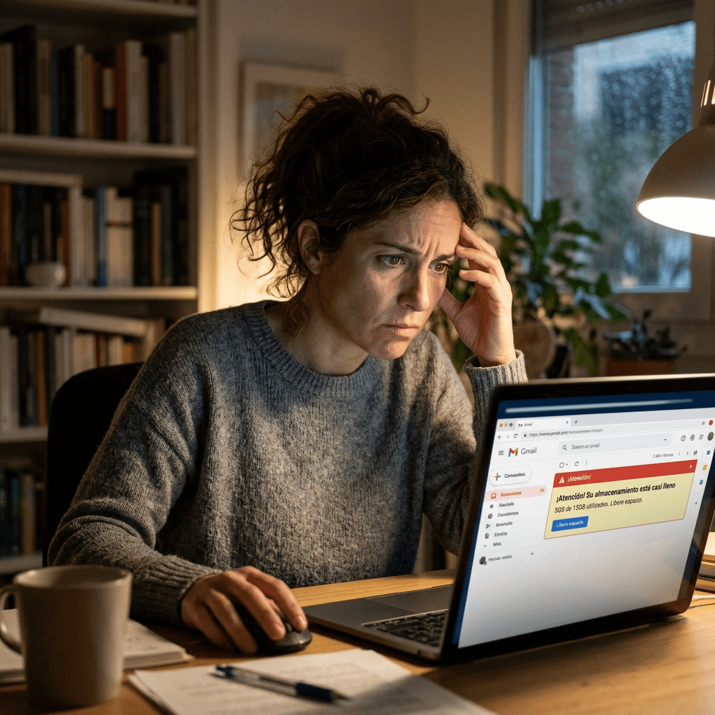 Woman worried about almost full email storage notification on laptop