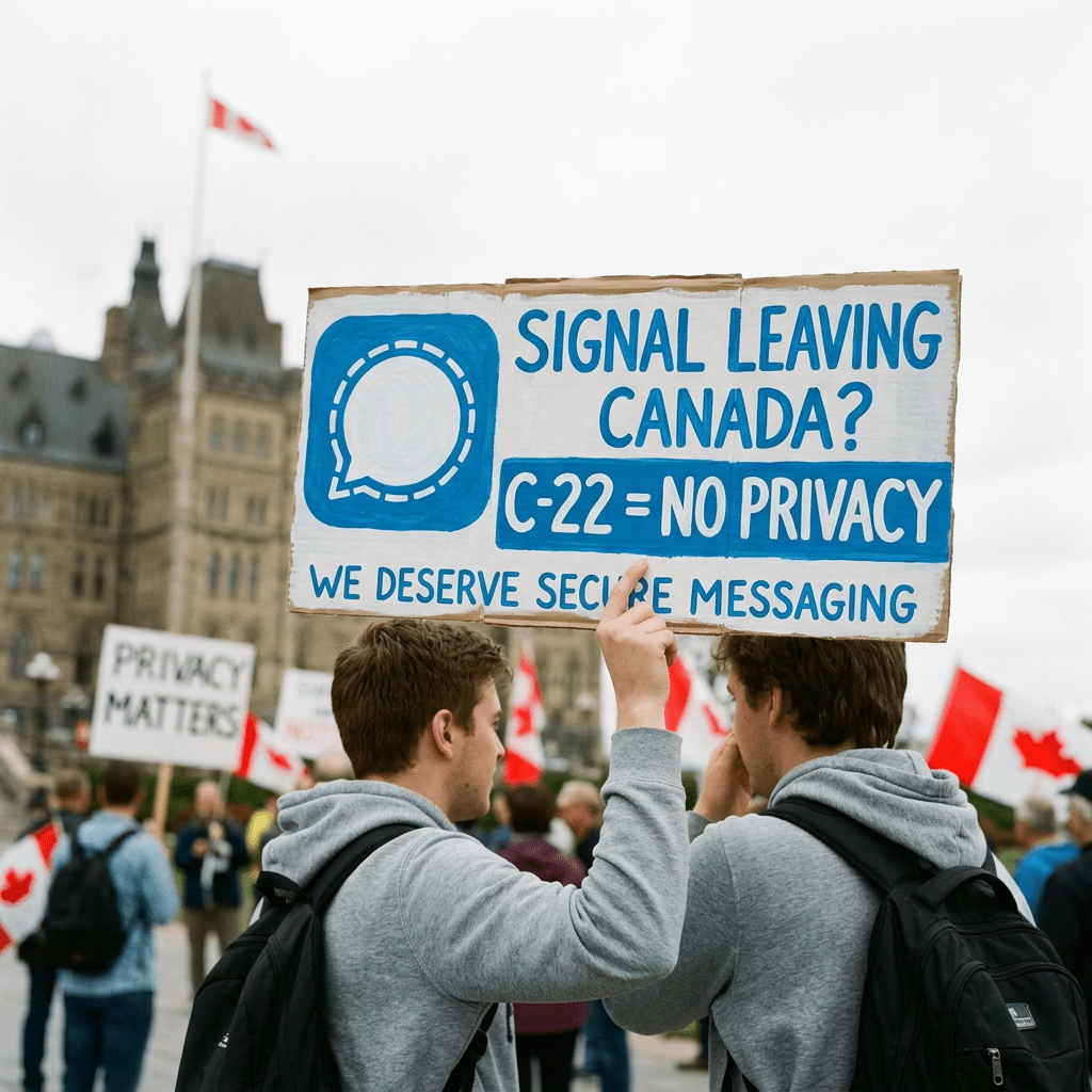 Two people holding a protest sign about C-22 privacy law and secure messaging in Canada