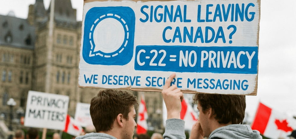 Two people holding a protest sign about C-22 privacy law and secure messaging in Canada