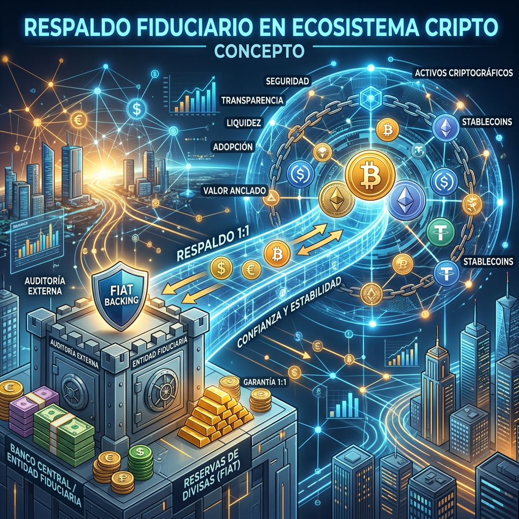 Diagram of fiat-backed crypto ecosystem with security, transparency, and stablecoins