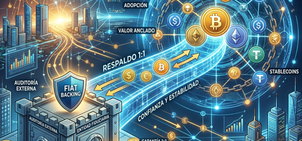 Diagram of fiat-backed crypto ecosystem with security, transparency, and stablecoins