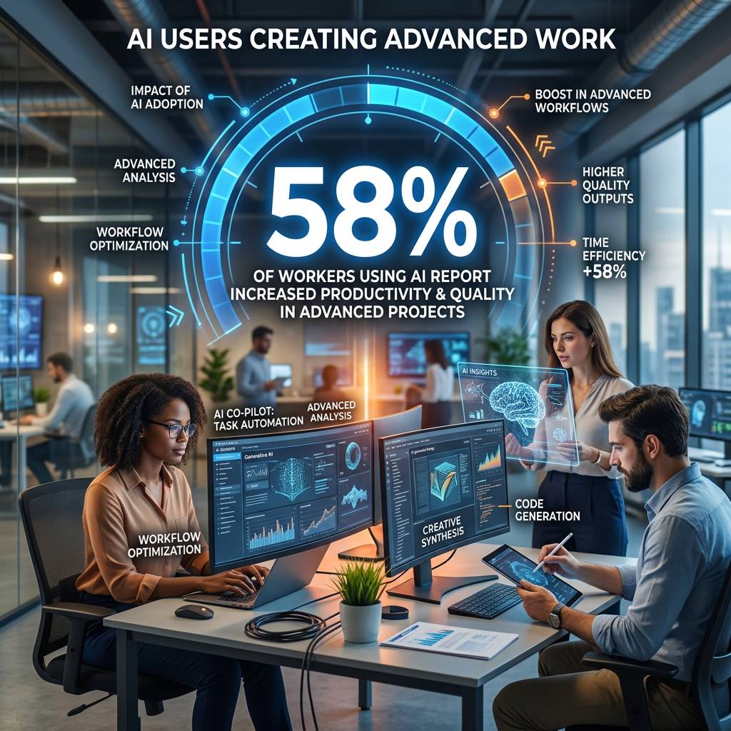 Infographic showing AI users' 58% productivity increase with workflow optimization and advanced analysis