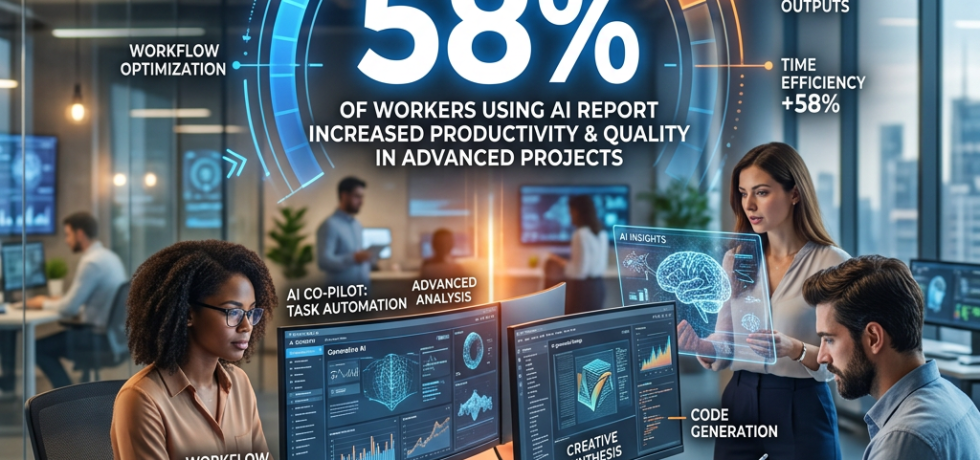 Infographic showing AI users' 58% productivity increase with workflow optimization and advanced analysis