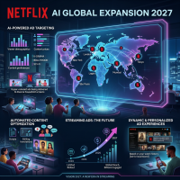 World map showing Netflix expansion cities with AI-powered ad targeting data and streaming ad growth forecast