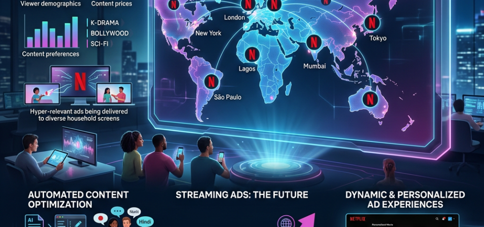 World map showing Netflix expansion cities with AI-powered ad targeting data and streaming ad growth forecast