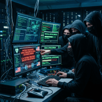 Group of four masked hackers in hoodies accessing unauthorized U.S. patient database on multiple computer screens