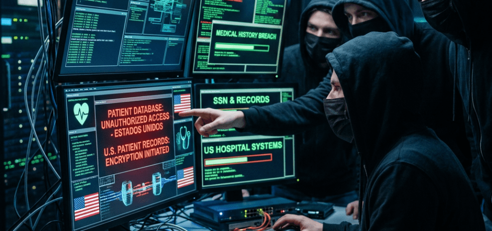 Group of four masked hackers in hoodies accessing unauthorized U.S. patient database on multiple computer screens