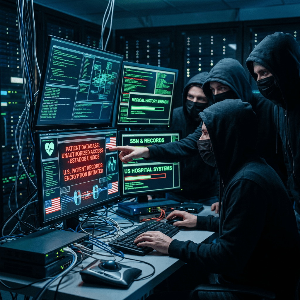 Group of four masked hackers in hoodies accessing unauthorized U.S. patient database on multiple computer screens