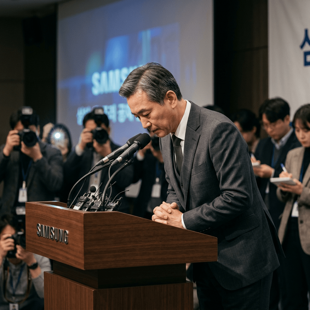 A Samsung executive bowing at a wooden podium with microphones while reporters take notes and photos