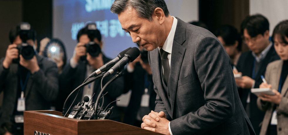 A Samsung executive bowing at a wooden podium with microphones while reporters take notes and photos