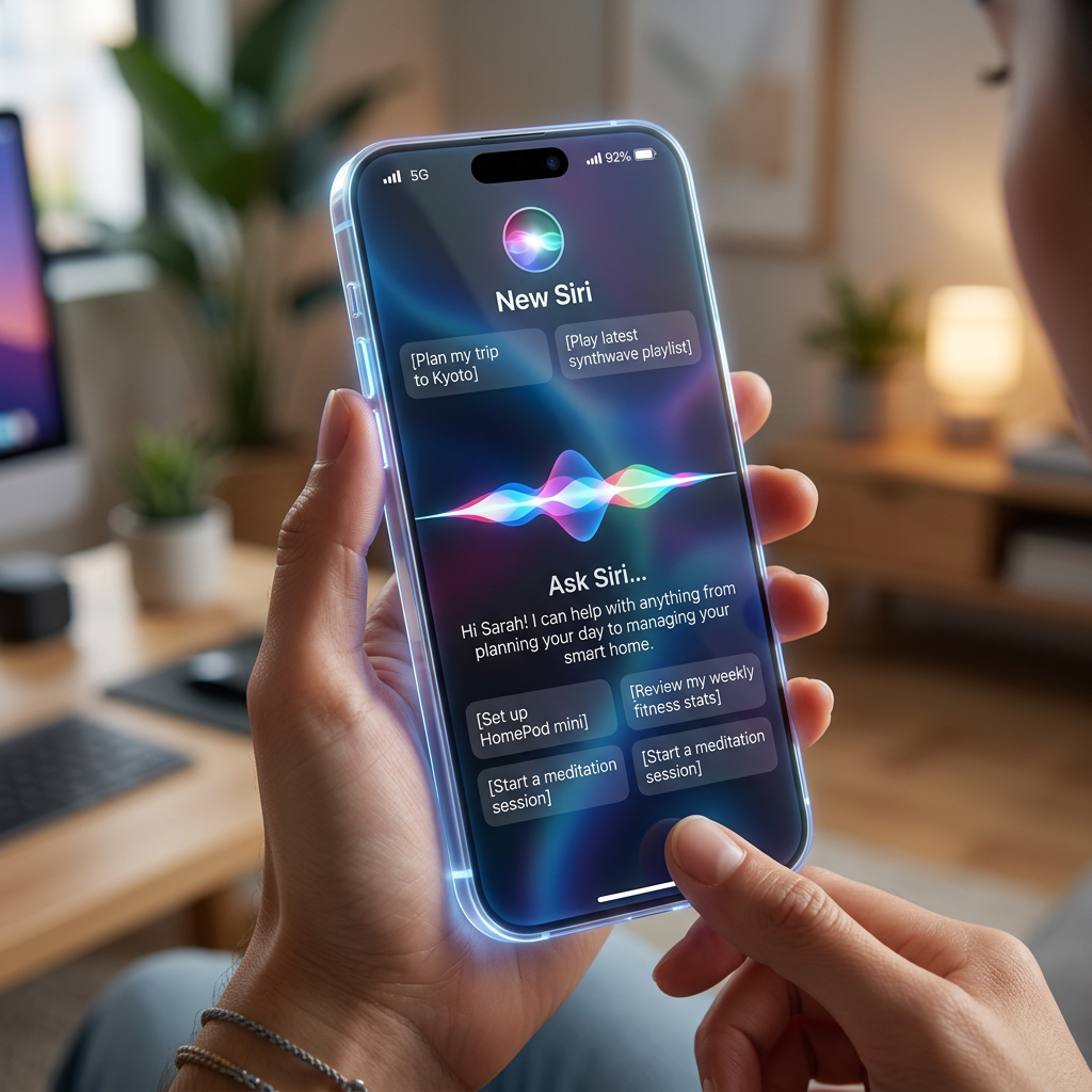 Smartphone screen showing new Siri interface with various voice command options