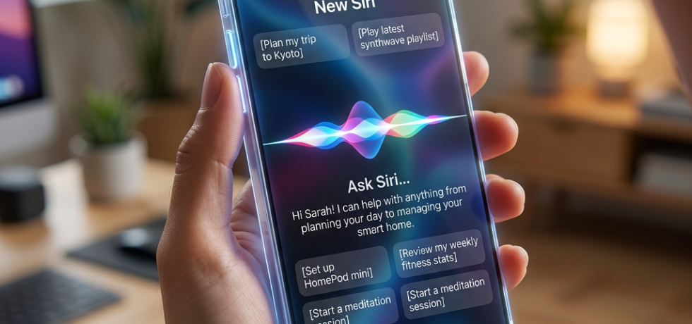 Smartphone screen showing new Siri interface with various voice command options