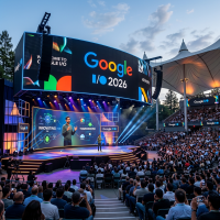 Keynote speaker presenting at Google I/O 2026 event with audience