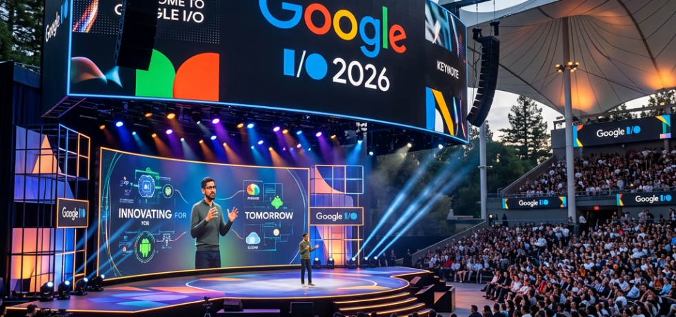 Keynote speaker presenting at Google I/O 2026 event with audience