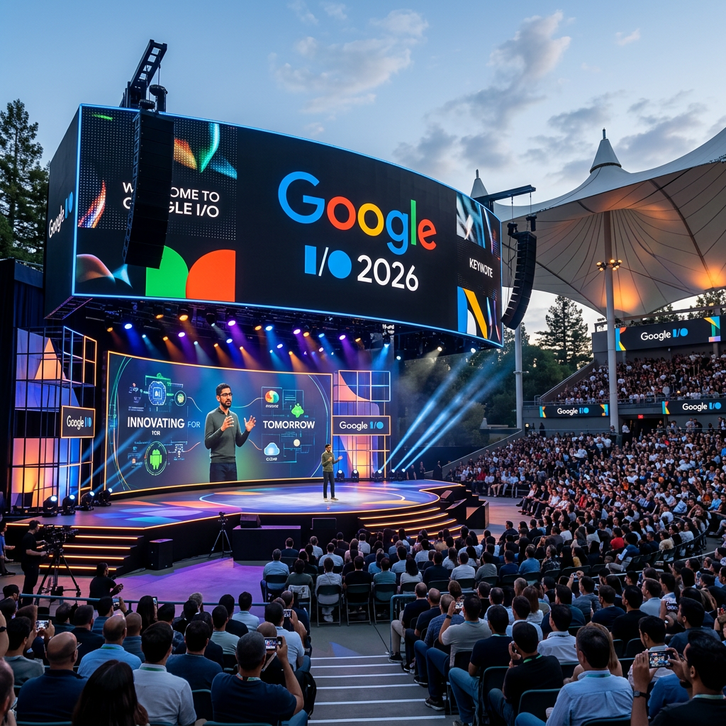 Keynote speaker presenting at Google I/O 2026 event with audience