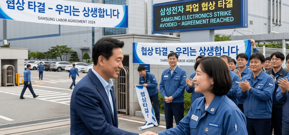Samsung employees shaking hands and celebrating labor agreement outside facility