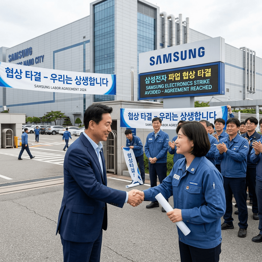 Samsung employees shaking hands and celebrating labor agreement outside facility