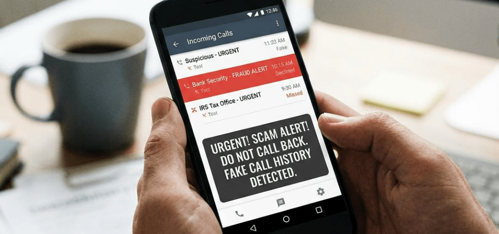 Phone screen showing incoming calls marked as suspicious, fraud alert, and scam alert warning not to call back